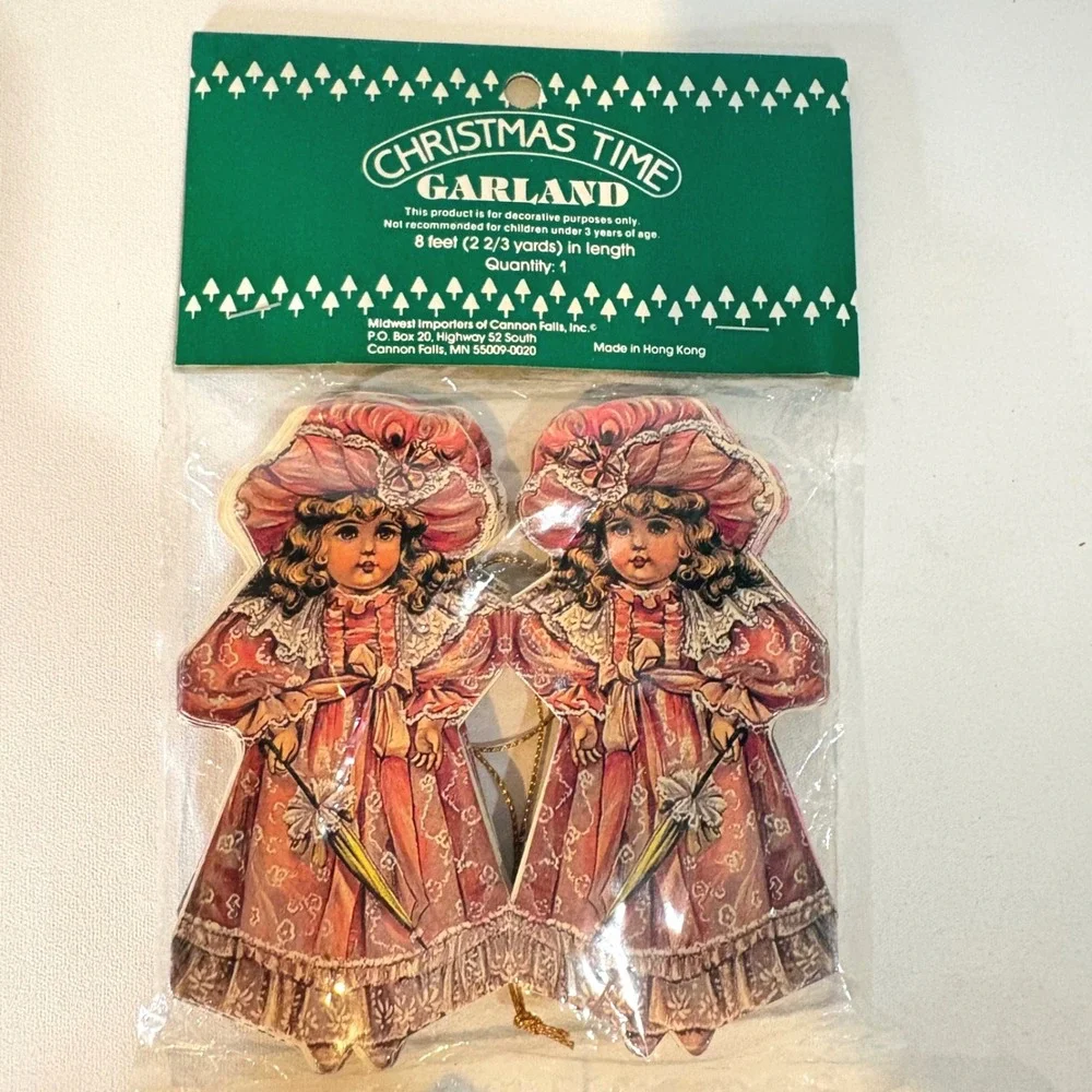 Vintage Midwest Importers Victorian Paper Doll Christmas Garland 8ft Pink Girl